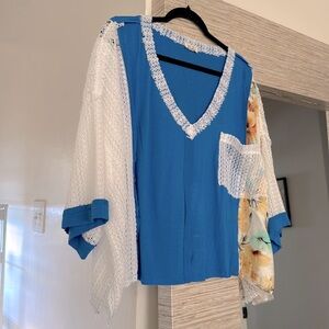 NWT POL Blue Asymmetrical Ruffled Blouse; Oversized.